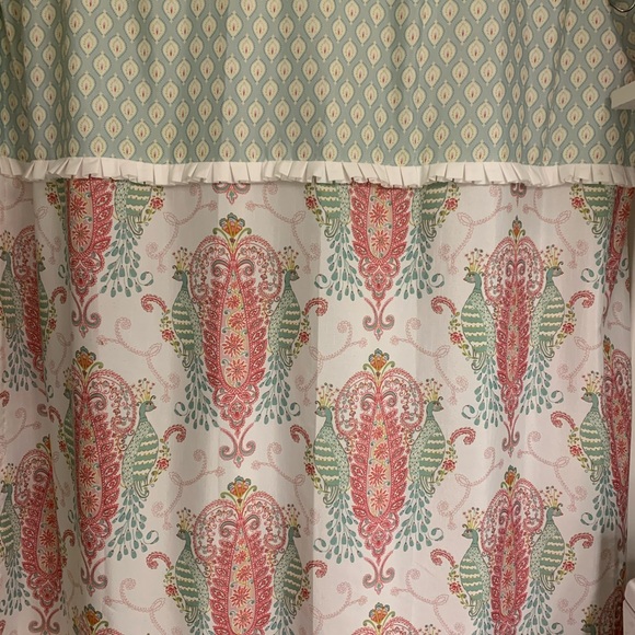 Pink and Green Peacock Shower Curtain with ruffle - Picture 2 of 5